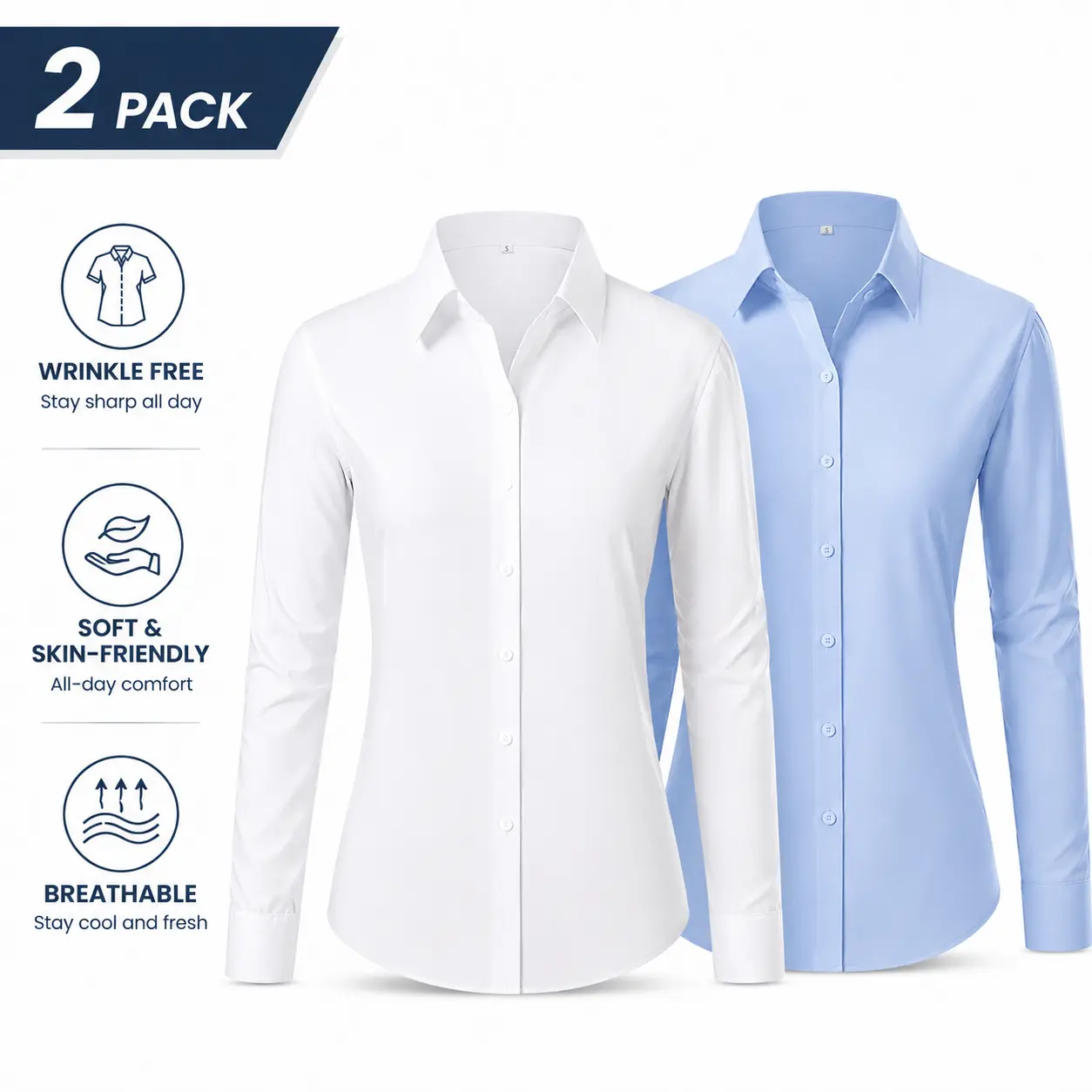 2-Pack Siliteelon Wrinkle-Free Modal Button Down Shirts for Women Essential Classic Basic Slim Fit Collared Dress Shirt Work Business Casual Office Outfit Long Sleeve Blouse Tops Interview Teacher Fall Winter Outfit