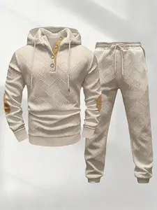Men's Geometric Textured Hoodie Tracksuit| Half-Placket Button Collar Hoodie & Jogger Pants 2-Piece Set with Color-Block Accents