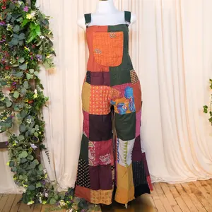 Boho Kantha Patchwork WideLeg Jumpsuit, One of a Kind Bohemian Overalls Hippie Bell Bottom Summer Rompers, Retro Free Spirit, Vintage Cotton