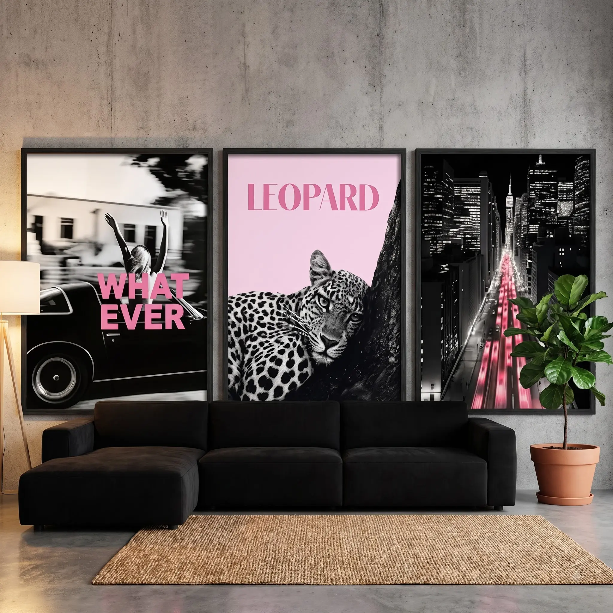 Leopard Wall Art Set of 3, Luxury Fashion Poster Trio, Black Pink Aesthetic Prints, Modern Home Decor Bedroom Living Room Artwork