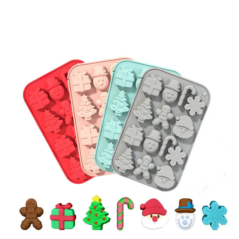 Christmas Silicone Chocolate Molds，3D Molds with Easy Release Feature for Snowflakes, Snowmen with Canes, Christmas Trees, Gingerbread Men, Santa Clauses and Gift Boxes，Non Stick Baking Pan for Cake, Candy, Jello, Soap, Candle