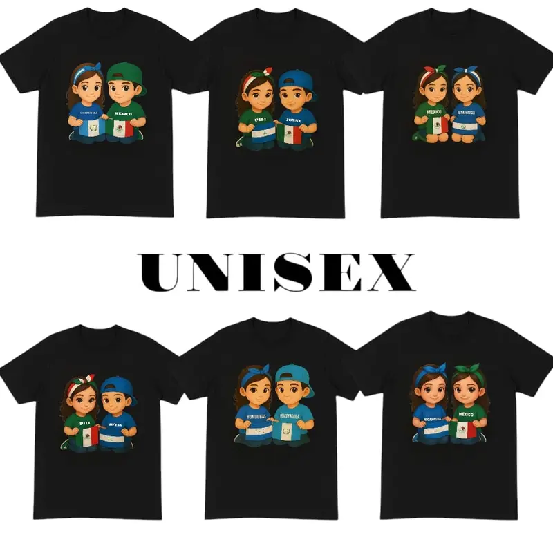 T-Shirts-Cotton Graphic Tees with Guatemala, Mexico, Honduras... Kids with Flag Crewneck Casual Men's Gifts Street Wear Black Shirts Cartoon Design Streetwear Tshirt