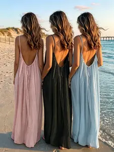 3 Pcs！2026 Summer Solid Color Cami Nightdress for Women – Soft Sleeveless Long Sleepwear, Loose Loungewear for Home & Travel, Stylish Backless Casual Essential