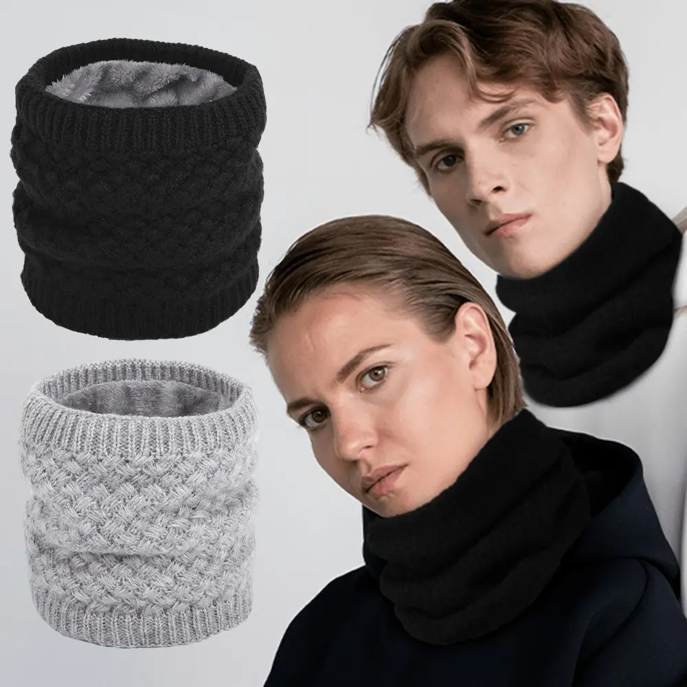 Unisex 2-Pack Knitted Thick Fleece-Lined Infinity Loop Scarves - Windproof Cotton-Acrylic Neck Warmers with Face Cover, Skin Care, 8.3x9.5 Inch, 19.7-23.6 Inch Circumference, for Winter Outdoor Skiing, Casual Daily Sports