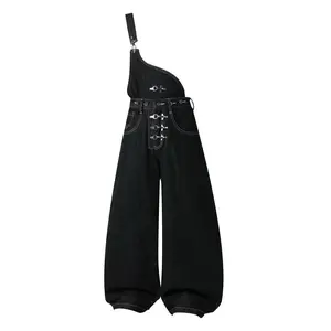Women's 2 Ways Convertible Single Strap Denim Overalls - Dark Raw Wash Oversized Baggy Wide Leg Jumpsuit, Metal Hook Buckle Adjustable Design, Letter Flap Patch Y2K Avant-Garde Streetwear Dungarees