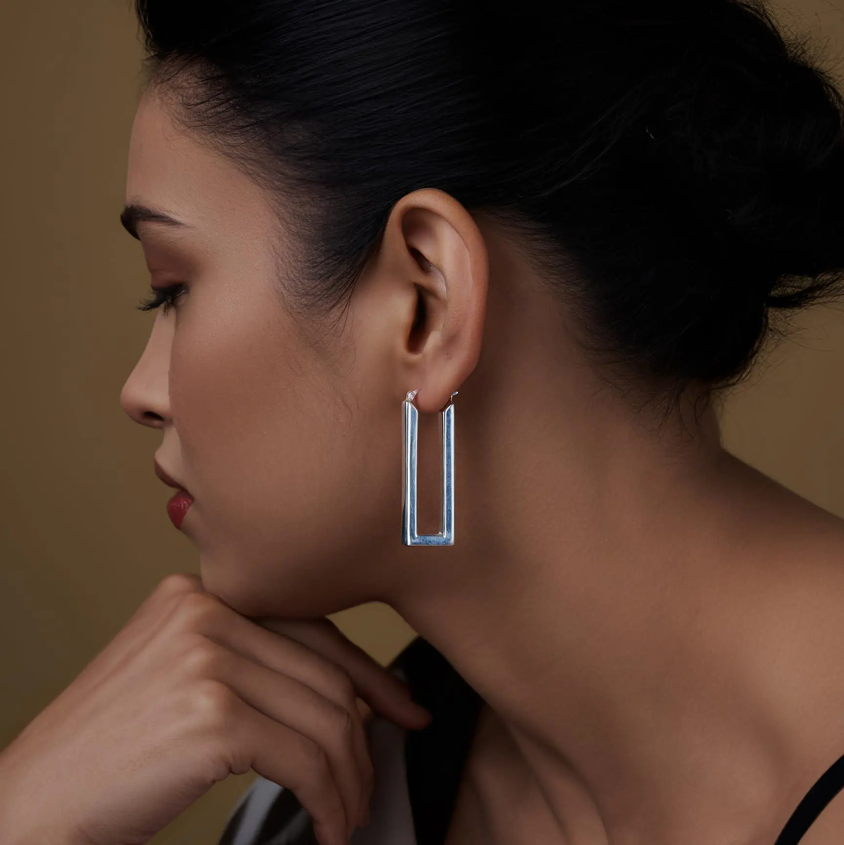 LeCalla Women's 925 Sterling Silver Chunky Rectangle Hoop Earrings, 45MM Large Classic Handmade Click-Top Silver Earrings