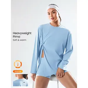 GLOWMODE Pima Cotton Ready Or Knot Soft Breathable Lightweight Front Twist Asymmetric Hem Oversized Crewneck Long Sleeve Gym Studio Autumn Winter Daily Casual
