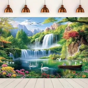 1PC,2D Flat Cross - border E - commerce Hot - selling Natural Landscape Waterfall Door Banner, Essential for Festival Decoration. Beautiful Swan Lake Boating Scene Curtain, Enhance Festival Atmos