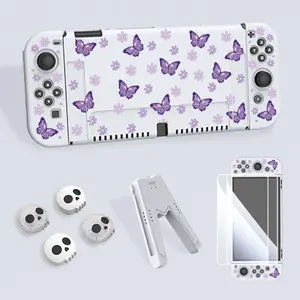 Game Console Protective Case with Tempered Film (Screen Protector) & V-shaped Grip & Rocker Cap, Dust Proof & Scratch Proof & Drop Proof Accessories Set for Switch OLED/NS/Lite