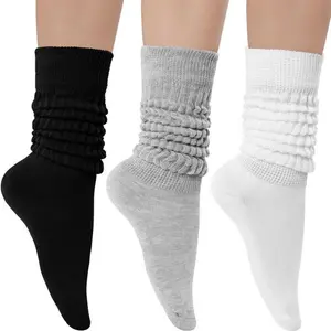 3 Pairs Fashionable Slouch Socks for Women Girl,and Man Soft Chunky Calf Sock Winter Stacked Warmmers Casual Socks in Black White Gray Minimalist Everyday Wear