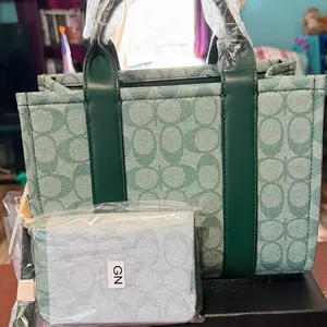Set of 2 Pieces Green and Light Green Patterned Handbags with GN Branding