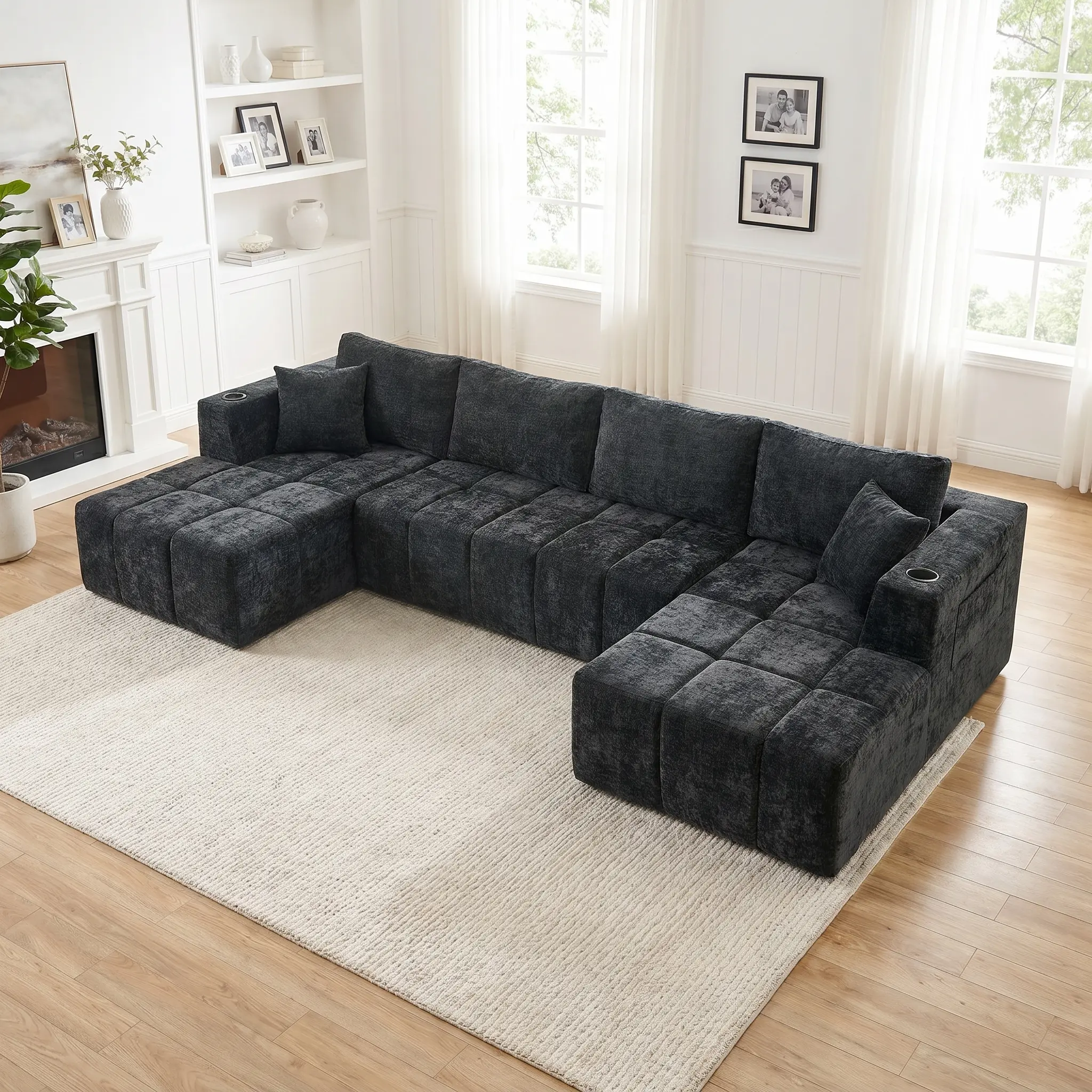Elseady 132" Width Sturdy 7-Seat Modular U-Shaped Corner Sectional Sofa - Pre-Assembled, Durable, Comfy, Double Chaise, Fixed Arms, Memory Foam, Pocket Spring, Storage Organization, 1200 lbs Heavy-Duty, Breathable Chenille Indoor Living Room Furniture