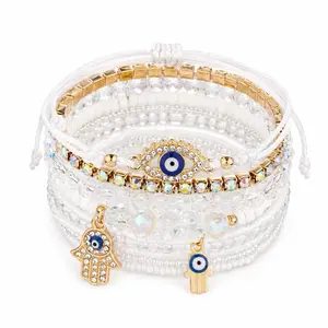 Mystique Jewelries 9PCS Bohemian Evil Eye & Hamsa Charm Adjustable Crystal Beaded Stack Bracelet Set