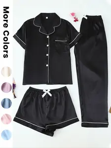 Women's Satin Sleepwear Set, 3-Piece Pajama with Button Front Top & Bow Shorts, Casual Home Wear for Women, Loungewear Pjs Set