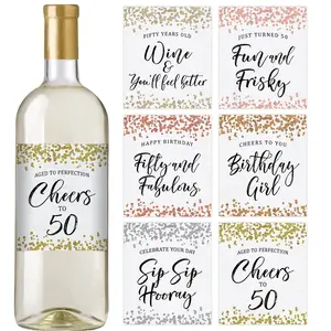 50th Birthday Party Decoration – Waterproof Wine Bottle Labels, Confetti (Set of 6)