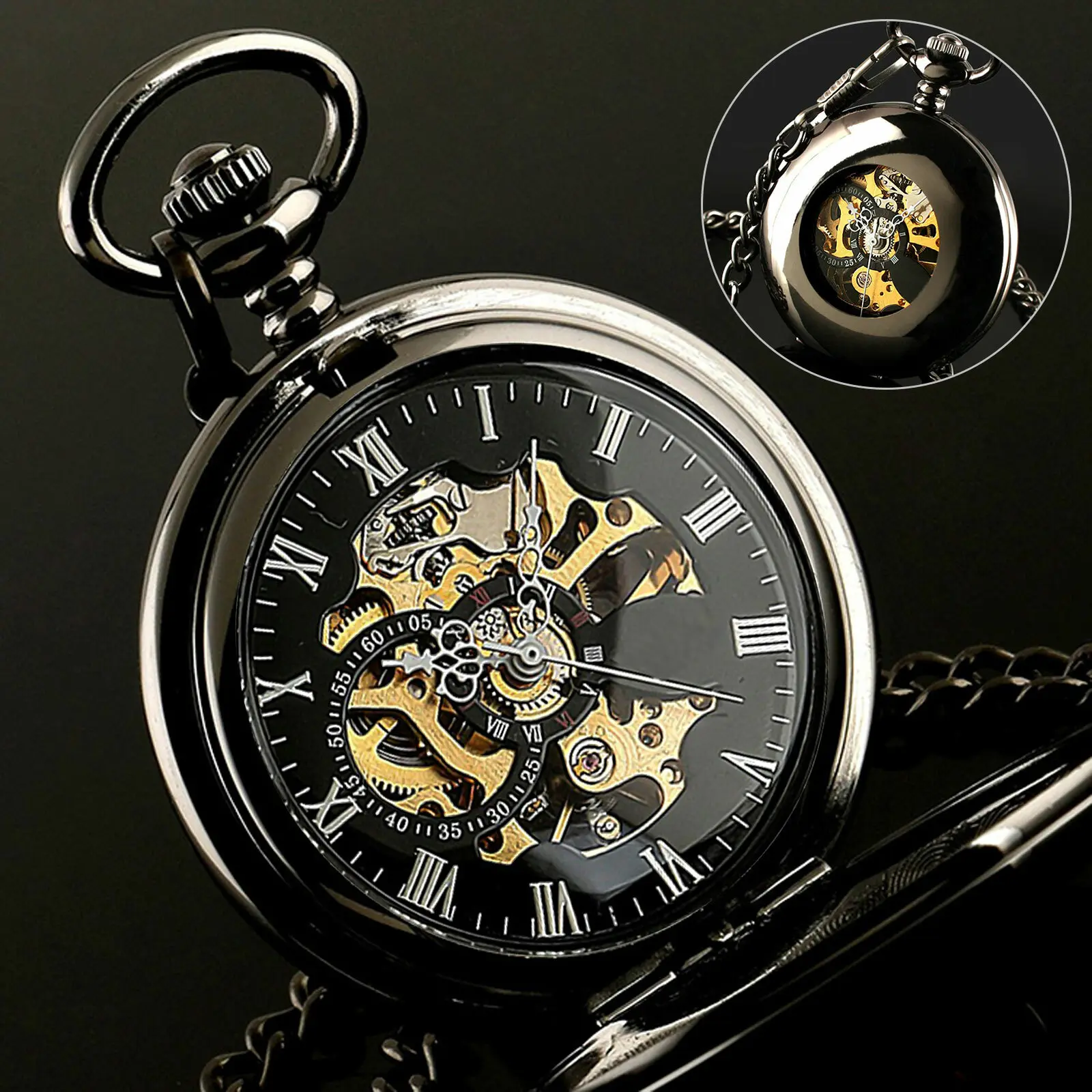 Men's Vintage Pocket Watch - Steampunk Mechanical with Skeletal Inner Dial, Bronze Engraved Case, Acrylic Face, 24-Hour Power Reserve, 45Mm, Power Reserve 24 Hours, Round Face, Roman Numerals, Gift Idea, Male, Self-Winding Crown, Steel Curb Chain, Classic