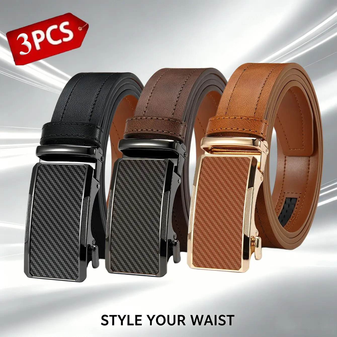 3PCS Men’s Ratchet Belts, Classic Carbon Fiber Automatic Buckle Leather Belts for Men, Business Casual Dress Belts, Gift Set for Men western cowgirl