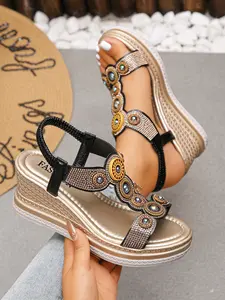 Women's Wedge Heel Roman Sandals with Nail Decor, Lace-Up Toe-Open Shoes, Summer Breathable Casual Mid-Calf Mules, Fashion Elegant Style, Party Footwear