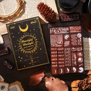 29pcs Wooden Stamps Set, Moon & Starry Sky Theme, Creative English Phrases, Ideal for Gift Wrapping, Scrapbook Decor, DIY Craft Tools Kit