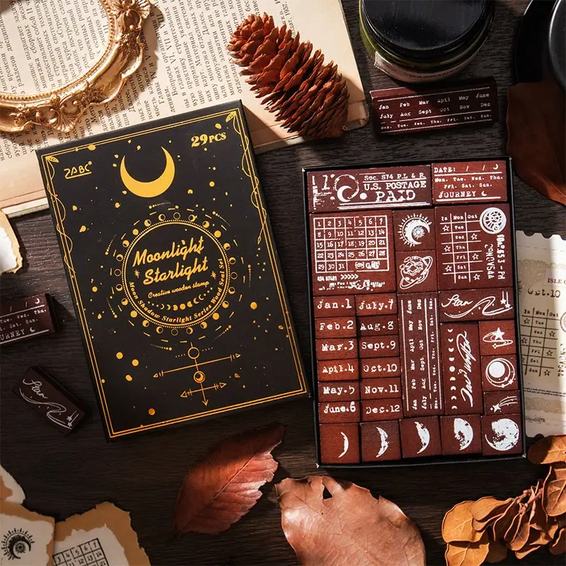 29pcs Wooden Stamps Set, Moon & Starry Sky Theme, Creative English Phrases, Ideal for Gift Wrapping, Scrapbook Decor, DIY Craft Tools Kit