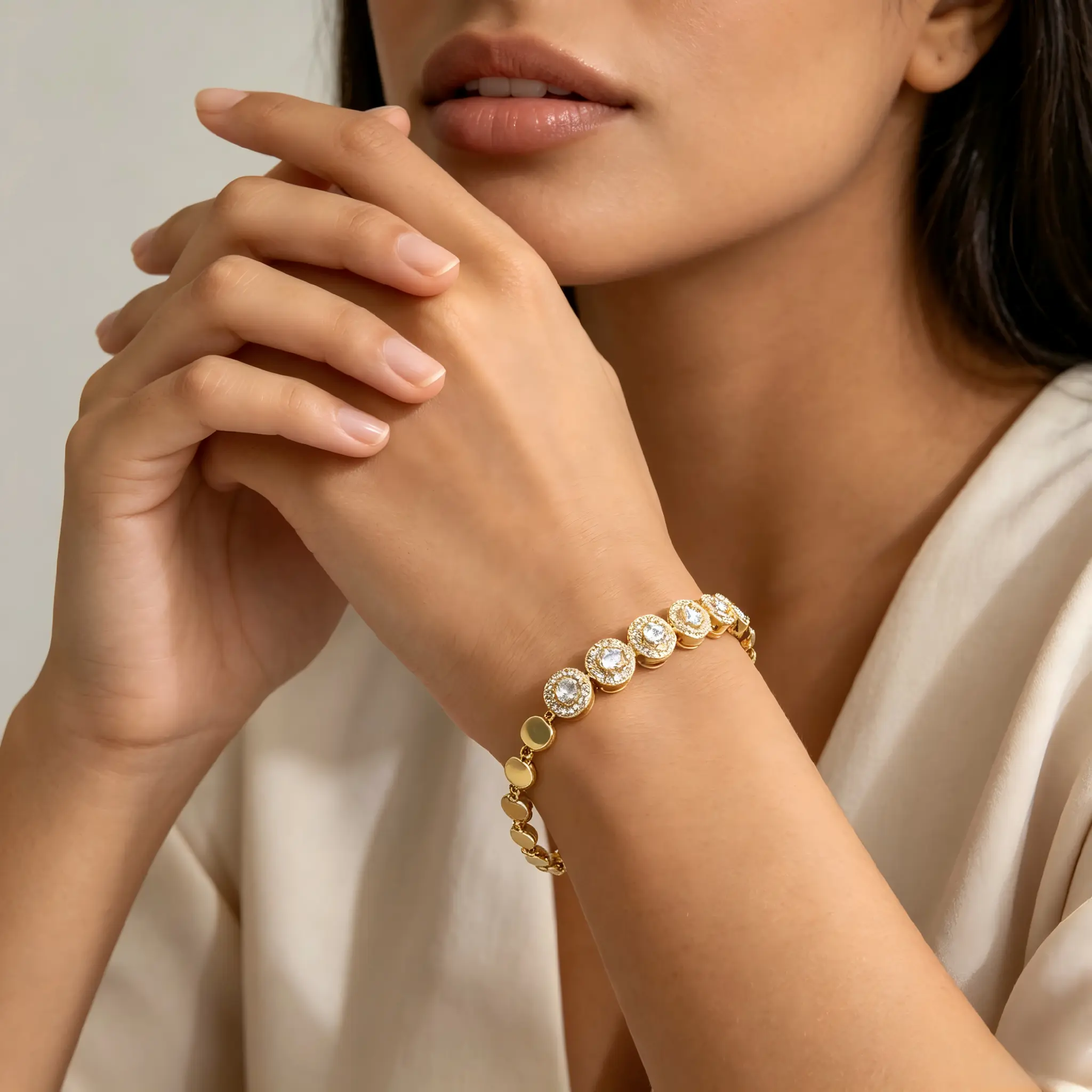 14K Gold Plated Halo Round Crystal Tennis Bracelet for Women, Dainty Paved Rhinestone Beaded Chain Adjustable Delicate Wedding Bridal Jewelry Gift