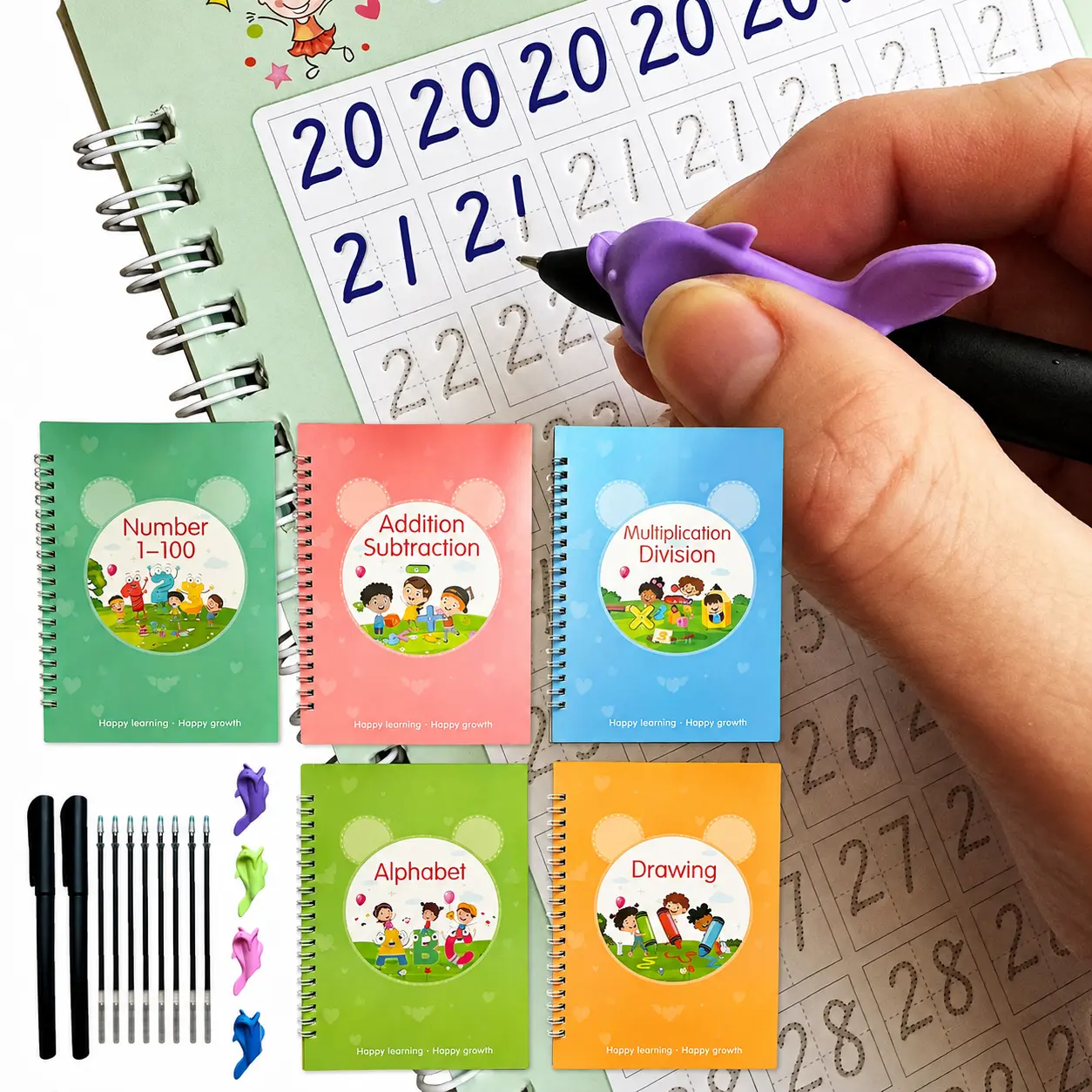 5-Book Kids Handwriting Practice Workbook Set, Reusable 3D Grooved Tracing Books with Disappearing Ink Pens, 10 Refills and 4 Pencil Grips, Alphabet, Numbers 1-100, Addition, Subtraction, Multiplication, Division and Drawing Practice