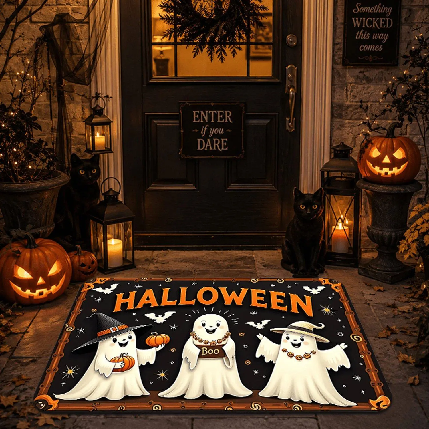 Soft Flannel Cute Ghost Halloween Doormat Non Slip Washable Front Door Welcome Mat Indoor Outdoor Porch Decor Rug