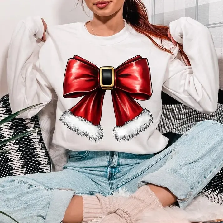 Christmas Coquette Bow Sweatshirt T Shirt Hoodie, Christmas Santa Bow T-Shirt, Christmas Gifts, Christmas Bow Sweater, Holiday Bow Sweatshirt, Red Bow Sweater, Festive Bow Christmas Sweater