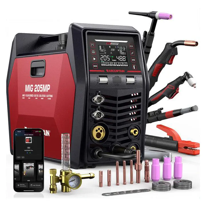 ARCCAPTAIN MIG205MP MIG Welder, 9 IN 1 iControl APP Control Plasma Cutter/Pulsed MIG/Flux Core/Spool Gun/Pulsed HF TIG/Lift TIG/Clean/Stick Aluminum Welding Machine 120/240V Dual Voltage Multiprocess Welders