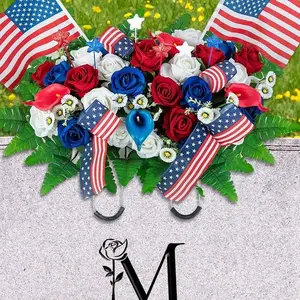 Headstone Flower Saddle Arrangements - Artificial Cemetery Flowers  Memorial Day Sympathy Floral for Outdoor Gravestone Decorations (Red White Royal Blue),250th Anniversary USA Decorations - Artificial Patriotic Cemetery Flowers for Grave