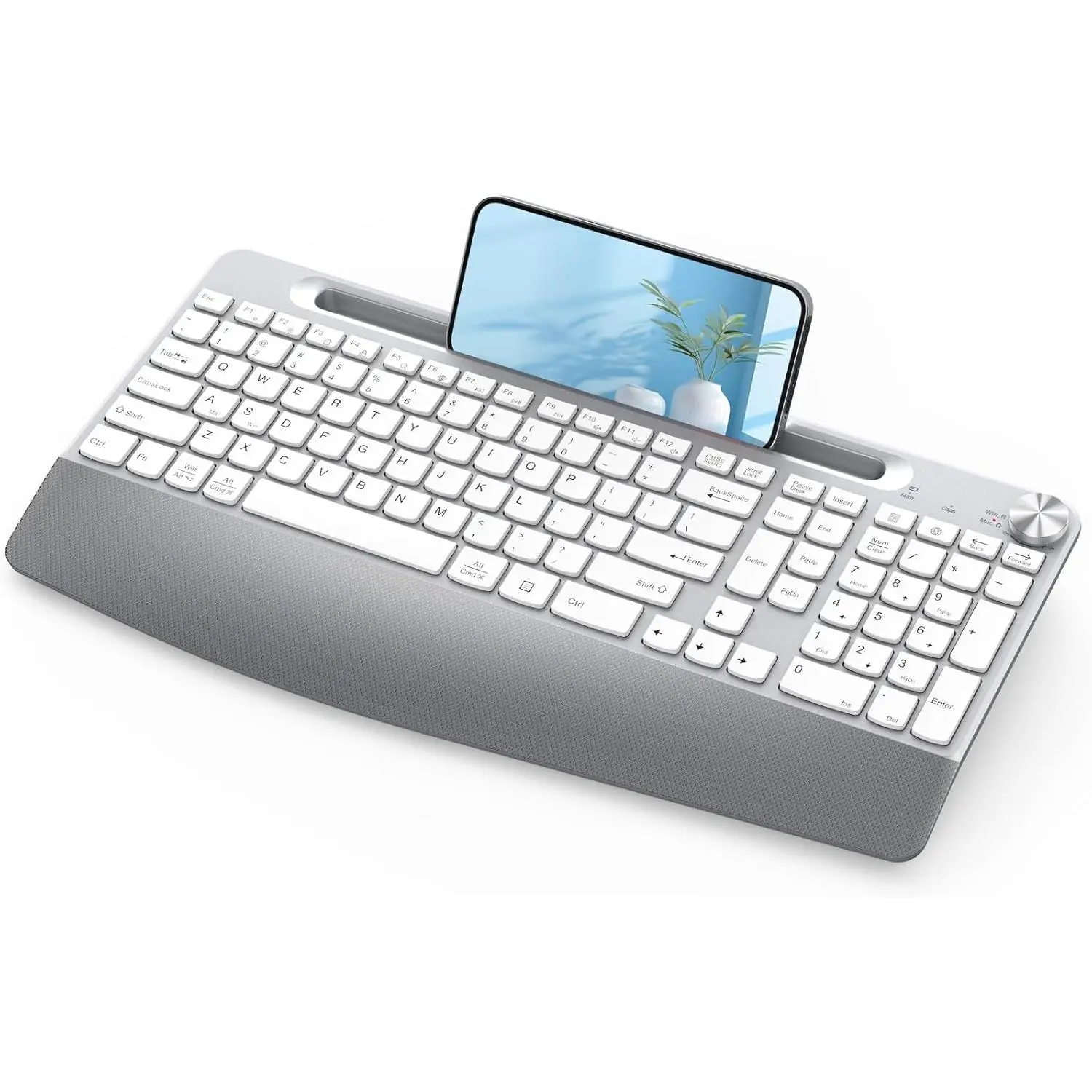 Keyboard, 2.4GHz Cordless USB Full-Size Keyboard with Wrist Rest, Quiet Design & Numeric Keypad, Phone Holder for Desktop, Laptop, PC, , Windows - White