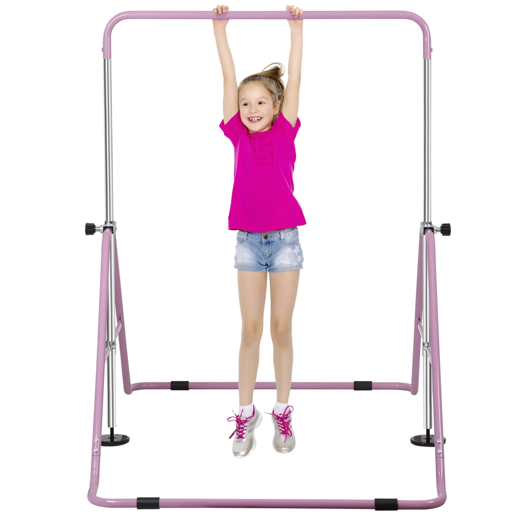 AnswerE Junior Gymnastics Bar, Expandable & Folding Steel Home Training Equipment for Kids, Adjustable Height from 35" to 51", Pink