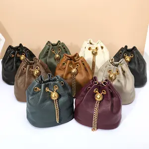 Genuine Leather Bucket Bag for Women | Premium Cowhide Crossbody Purse with Gold Hardware & Detachable Chain Strap, Elegant Multi-Way Shoulder Handbag