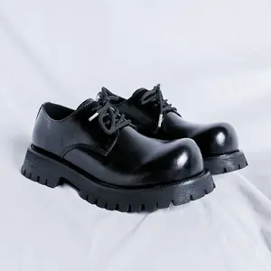 BDHJYDB Men'S Slip-On Platform Derby Shoes - Chunky Platform Sole, Glossy Black Faux Cover, All-Season Formal & Casual Shoes for Weddings, Everyday - British Style Shoes with Non-Slip Rubber Outsole, Shoes for Wedding, Versatile Footwear, Classic Derby St