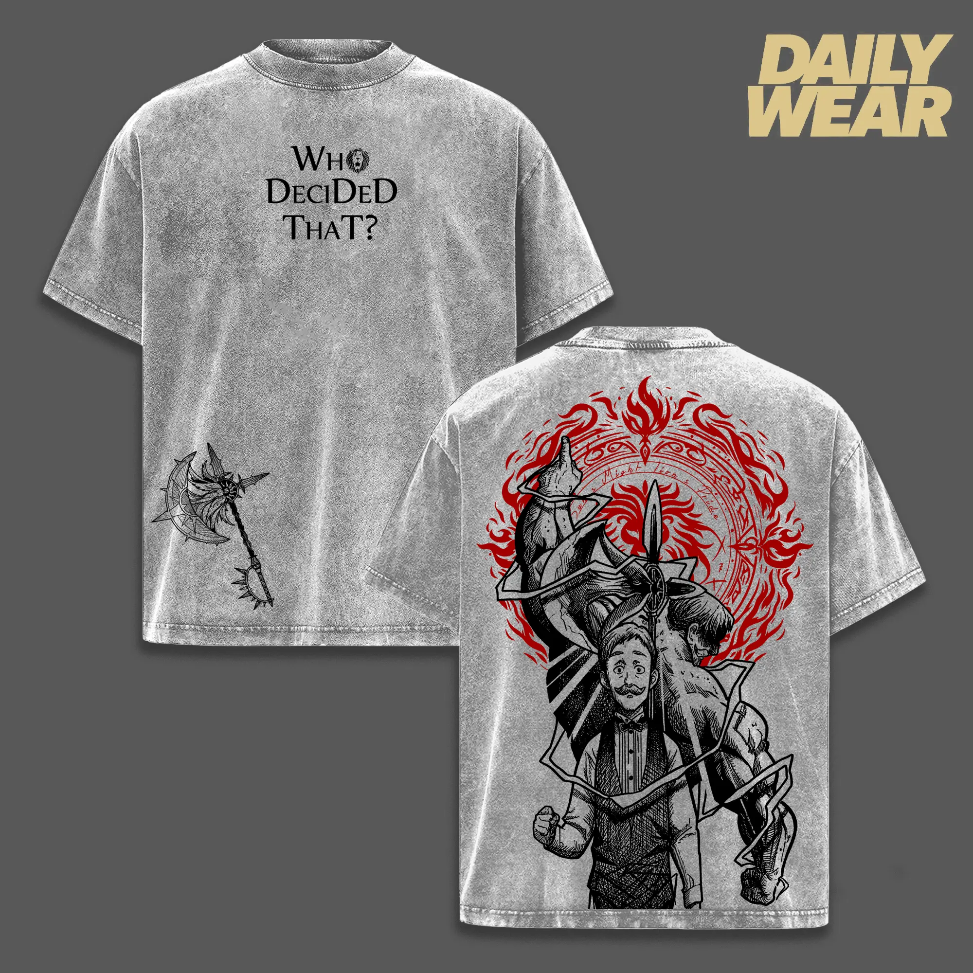 Escanor Vintage Washed Oversized T-Shirt, Seven Deadly Sins “Who Decided That” Graphic Tee, Unisex Streetwear Anime Soft Cotton Top Outfit for Men, Casual Menswear Gift for SDS Fans