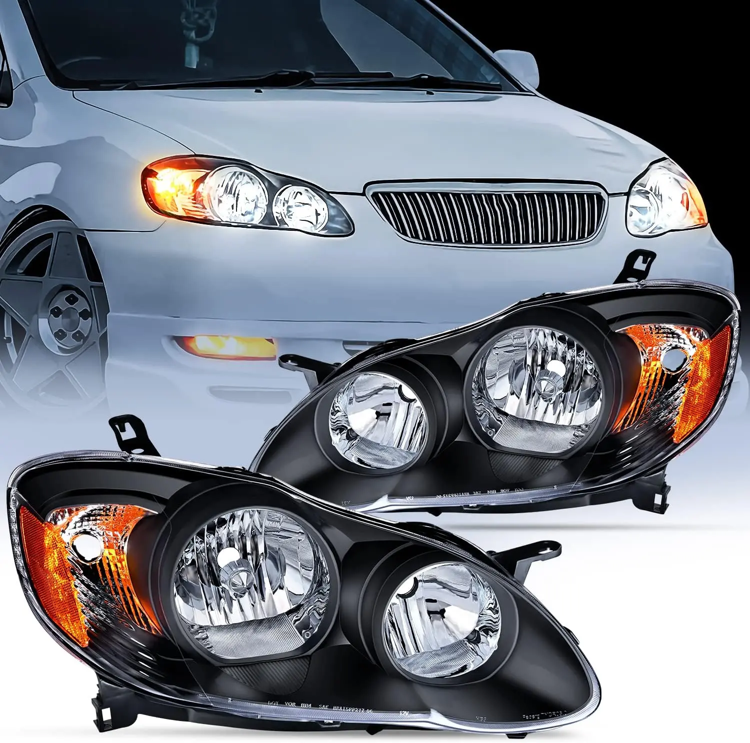 Nilight Headlight Assembly Pair Set for 2003-2008 Toyota Corolla, Car Lighting Upgrade, Black Housing with Amber Reflective Luminous Design, Crash-Proof Double-Sided Driver + Pass Side, High-Impact IP65 Rated, Night Driving Illumination