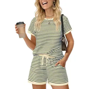 Womens Pajamas Set 2 Piece Striped Pj Set Soft Pajamas Casual Short Sleeve Top and Shorts Sleepwear Set