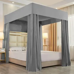 Four Corner Post Bed Curtains Sheer Cover Net for Boys Kids Adults Bedroom Decoration (Queen, Gray)