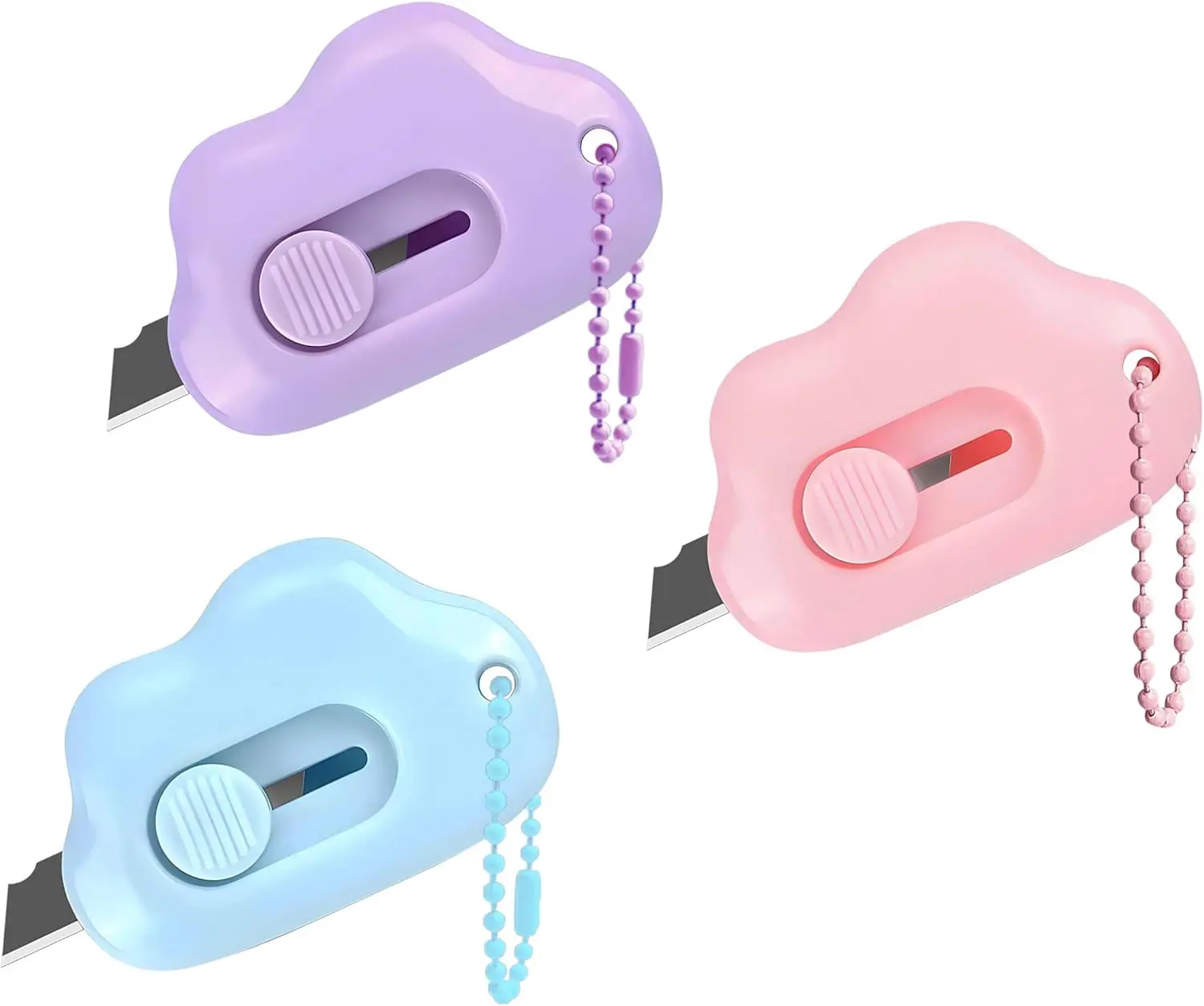 3-Pack Small Size Retractable Box Cutters - Tiny Cloud Keychain Letter Opener for Pocket Bag, Envelope Mail, DIY Projects - Multifunctional Office Cutting Supplies for Boys, Girls