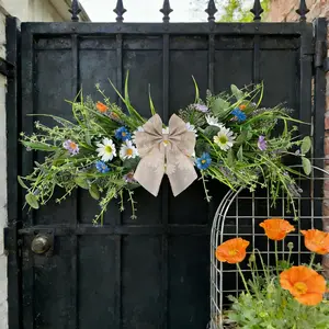 2 Pcs Spring Floral Teardrop Swags 24" Wildflower & Daisy Swag Decor with Linen Bows Artificial Summer Greenery Swags for Door Wall Mantel and Wedding Decor
