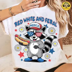 Red White And Feral Tee, 4th Of July , Funny Raccoon Hot Dog , Feral USA , Kids America Shirt Design , Independence Day