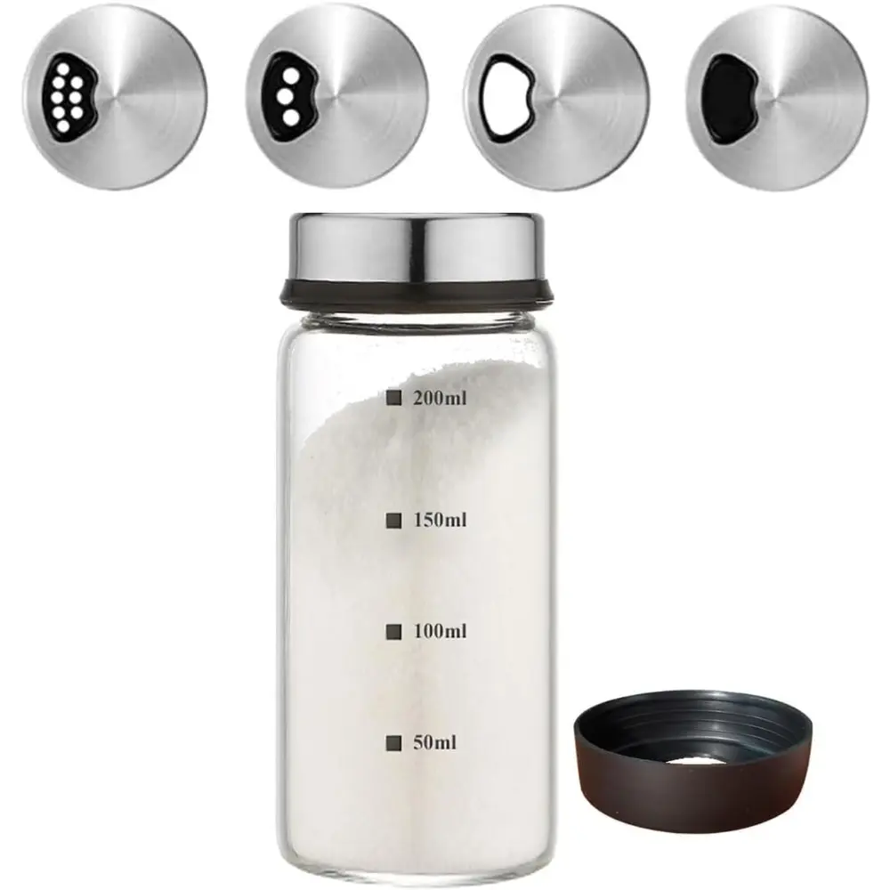 7 oz (200ml) Stainless Steel-Silicone-Plastic Glass Spice Bottle Set with Rotating Adjustable Outlet Holes, Scale, Lid, Circle Salt Pepper Shakers for Kitchen Decor, Tailgating