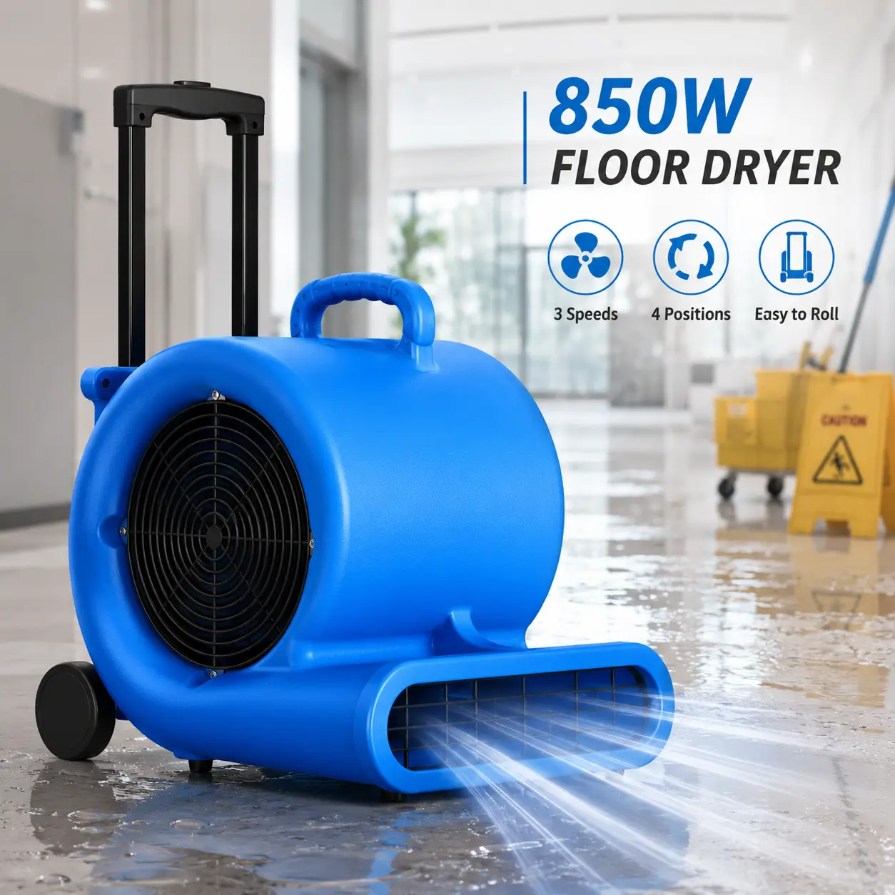 Large Commercial Air Mover Floor Dryer with Telescoping Handle & Wheels, 3 Speed Settings, 4 Drying Positions, 1 HP High Velocity Blower Fan for Wet Floors, Carpets, Basements, Garages & Restoration Jobs