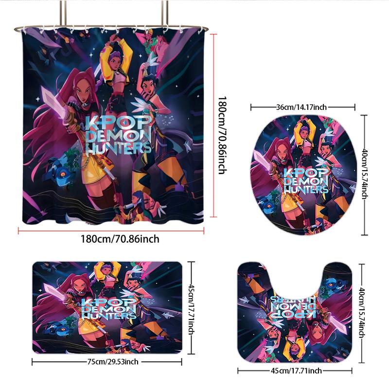 K-POP Demon Hunters Bathroom Set, Including Shower Curtain with 12 Hooks, Non-Slip Bath Rug, U-Shaped Toilet Mat, Toilet Lid Cover, Bathroom Decoration Accessories