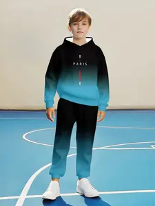 Boys' Spring & Fall Paris Letter Print Hoodie Set, Sweatshirts, Long Sleeve Casual Sportswear, Outdoor Activities Essential, Fitted Regular Fit