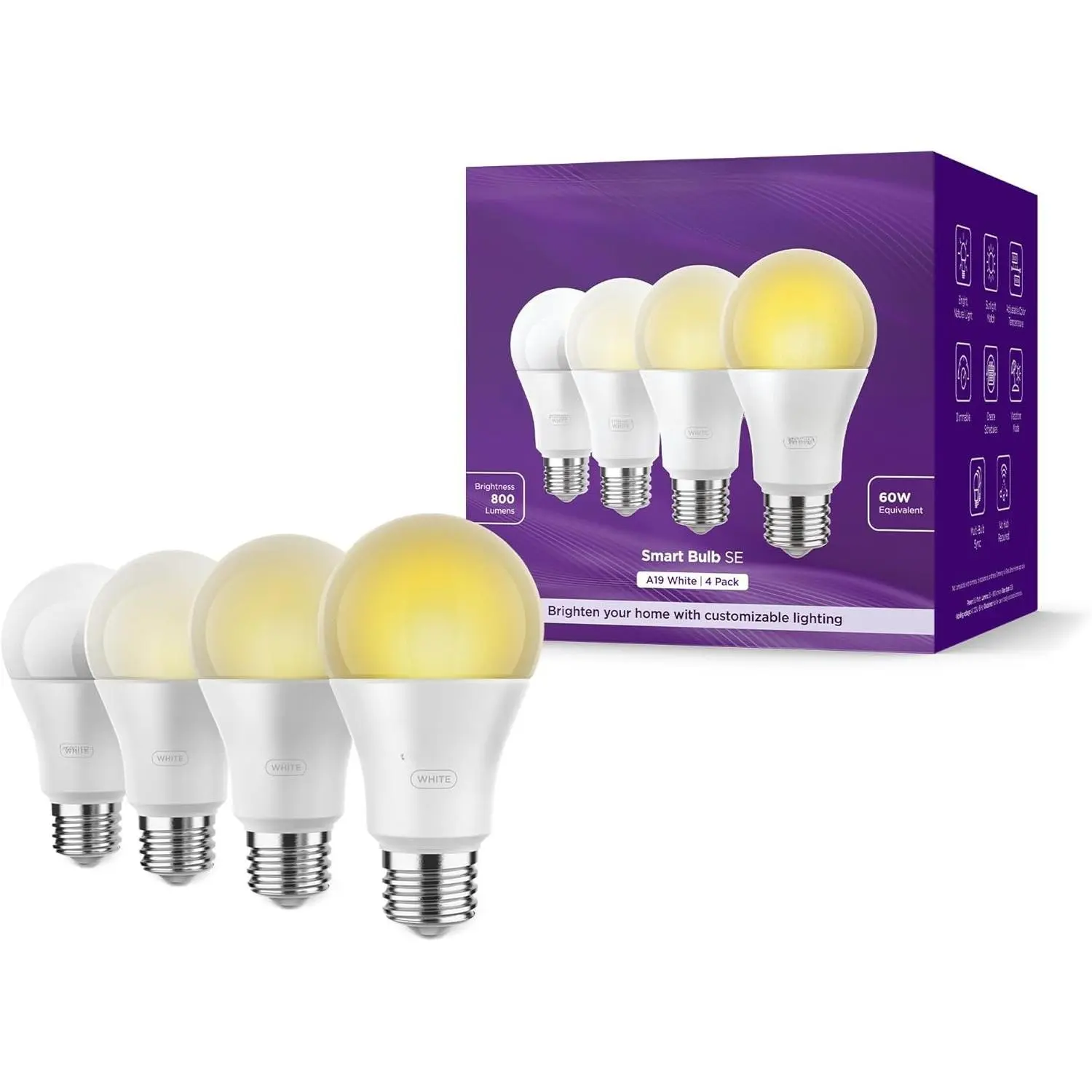 4-Pack Smart A19 Bulbs - Dimmable Indoor Home Lighting, WiFi-Enabled, Voice Control via Alexa & Google Assistant, Temperature Control, Multicolor Options, No Hub Required
