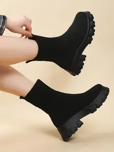 Elegant Cardigan Style Sock Boots for Women, Trendy Platform and Chunky Heel Design, Perfect Pairing with Sweaters and Cardigans