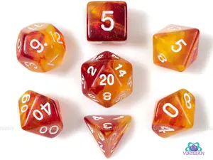 Vesuvius | Red, Yellow Swirled, Glittery Acrylic Dice Set (7) | TTRPG Dnd Polyhedral Set