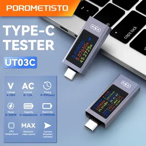 POROMETISTO UT03C Type-C Multi-function Digital DC Voltage Ammeter Power Meter DC 4-30V 0-12A Capacity Tester With Fast Charging Voltage Monitor
