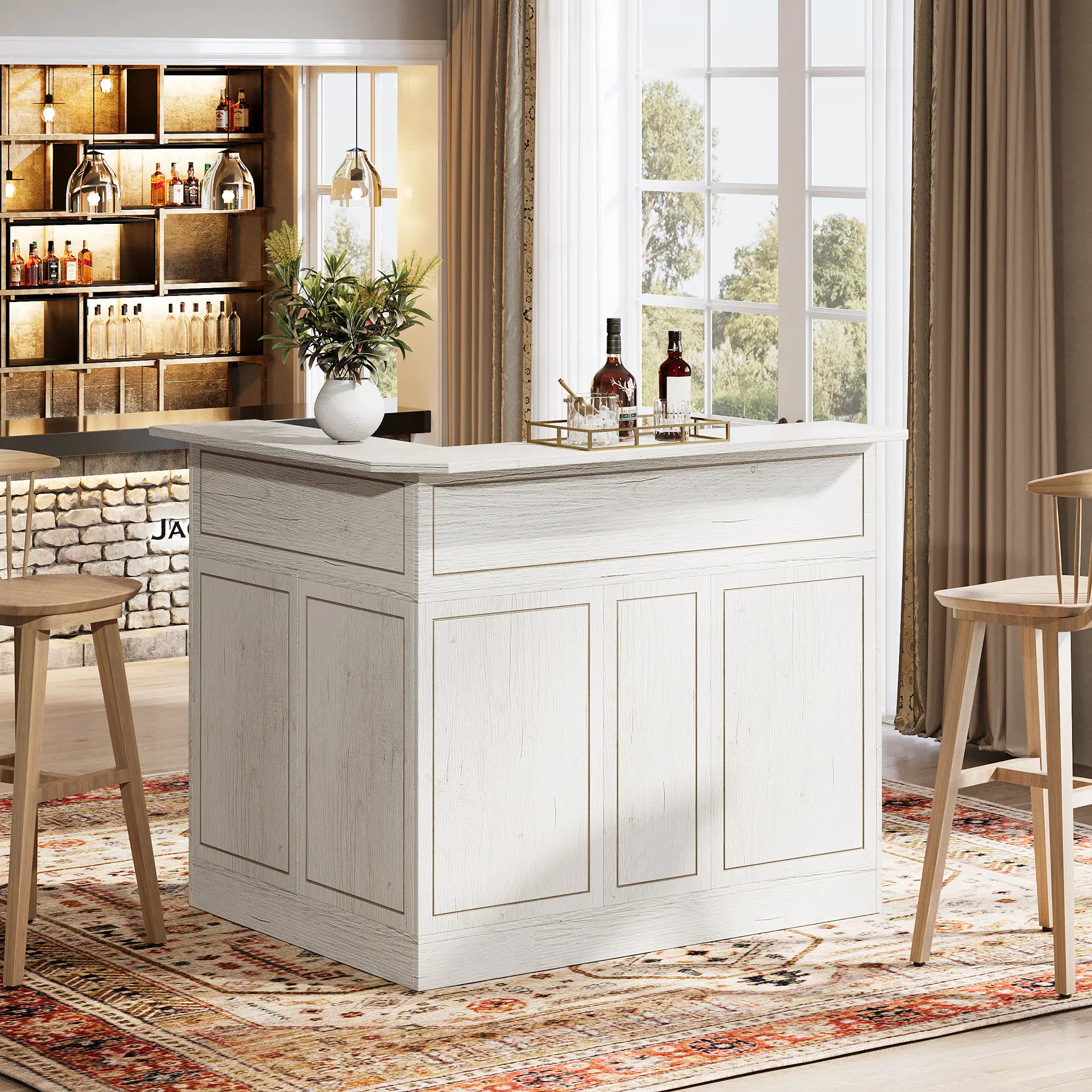 Tree Racks Bar LITTLE TREE Bar Cabinet, L-Shaped Home Bar Table with Stemware Racks, 4 ...